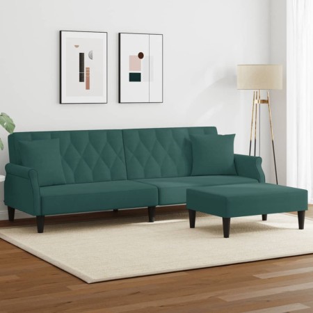 Sofá cama 2 plazas y almohadas taburete terciopelo verde oscuro