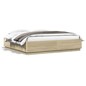Sonoma oak engineered wood bed frame 200x200 cm by vidaXL, Beds and slatted bases - Ref: Foro24-3209676, Price: 165,41 €, Dis...