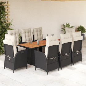 Set de comedor de jardín 9 pzas y cojines ratán sintético negro