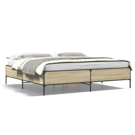 Sonoma oak metal engineered wood bed frame 200x200 cm by vidaXL, Beds and slatted bases - Ref: Foro24-3279778, Price: 150,75 ...