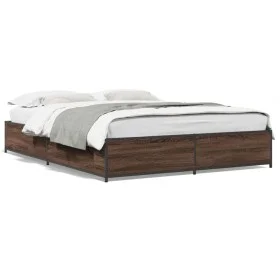 Engineered wood bed frame oak brown metal 135x190 cm by vidaXL, Beds and slatted bases - Ref: Foro24-3279861, Price: 123,67 €...