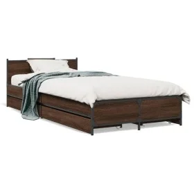 Oak brown engineered wood bed with drawers 100x200 cm by vidaXL, Beds and slatted bases - Ref: Foro24-3279966, Price: 157,49 ...