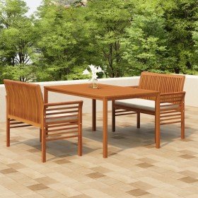 Set comedor de jardín 3 pzas y cojines madera maciza de acacia