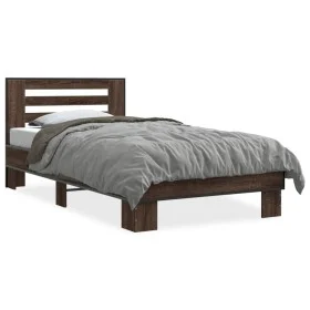 Engineered wood metal bed frame oak brown 90x190 cm by vidaXL, Beds and slatted bases - Ref: Foro24-846088, Price: 107,48 €, ...