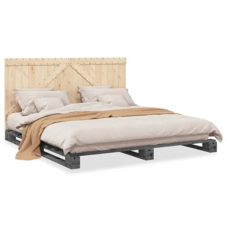Gray pine wood bed frame with headboard 200x200cm by vidaXL, Beds and slatted bases - Ref: Foro24-3281567, Price: 258,93 €, D...