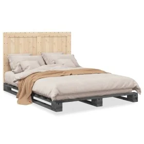 Bed frame with gray pine wood headboard 140x200 cm by vidaXL, Beds and slatted bases - Ref: Foro24-3281546, Price: 213,60 €, ...