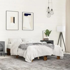 Engineered wood bed frame metal smoked oak 135x190cm by vidaXL, Beds and slatted bases - Ref: Foro24-845894, Price: 96,42 €, ...