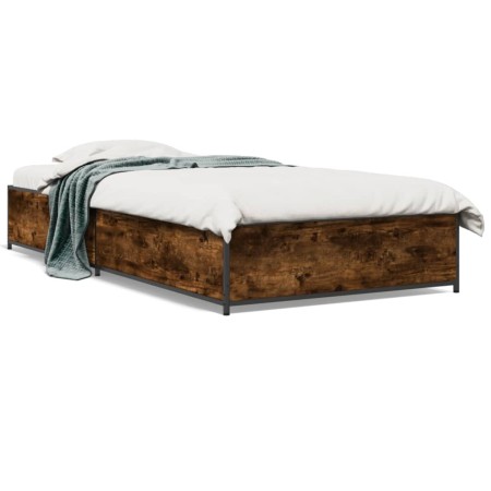 Estructura cama madera ingeniería metal roble ahumado 90x190 cm de vidaXL, Camas y somieres - Ref: Foro24-845118, Precio: 69,...