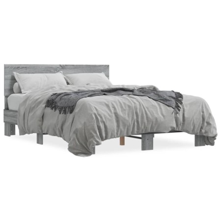 Sonoma gray metal engineered wood bed frame 135x190 cm by vidaXL, Beds and slatted bases - Ref: Foro24-3280210, Price: 145,22...