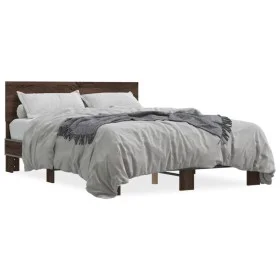 Engineered wood bed frame oak brown metal 140x200 cm by vidaXL, Beds and slatted bases - Ref: Foro24-3280196, Price: 146,56 €...