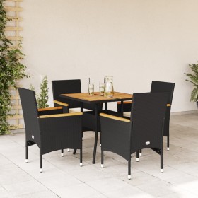 Set de comedor jardín 5 pzas con cojines ratán PE acacia negro