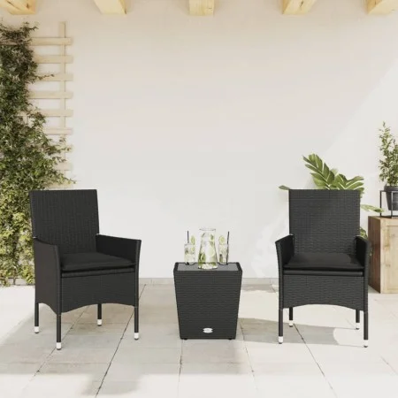 Table and chairs with cushions 3 pieces synthetic rattan black glass by vidaXL, Garden sets - Ref: Foro24-3278740, Price: 184...