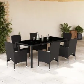 Garten-Essgruppe, 7-teilig, mit synthetischem Rattan, schwarzer Glasplatte und Kissen. von vidaXL, Gartensets - Ref: Foro24-3...