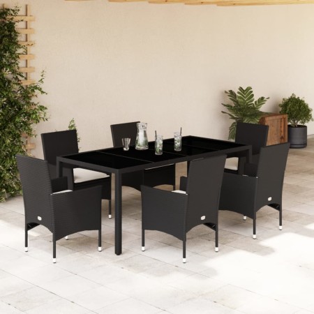 Set comedor jardín 7 pzas cojines ratán sintético vidrio negro by vidaXL, Garden sets - Ref: Foro24-3278541, Price: 526,22 €,...
