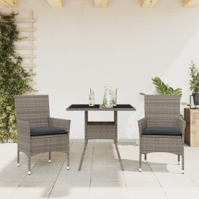 Set comedor jardín 3 pzas y cojines ratán sintético vidrio gris