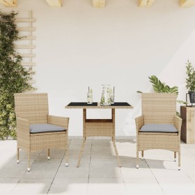 Set comedor jardín 3 pzas cojines ratán sintético vidrio beige by vidaXL, Garden sets - Ref: Foro24-3278607, Price: 195,95 €,...
