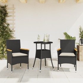 Set comedor jardín 3 pzas cojines ratán sintético vidrio negro