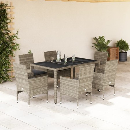 7-teiliges Garten-Essset mit Kissen aus PE-Rattan und grauem Glas von vidaXL, Gartensets - Ref: Foro24-3278576, Preis: 483,06...