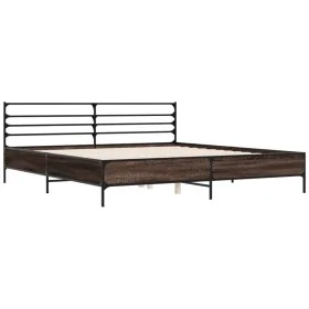 Oak brown metal engineered wood bed frame 200x200 cm by vidaXL, Beds and slatted bases - Ref: Foro24-3280066, Price: 160,00 €...