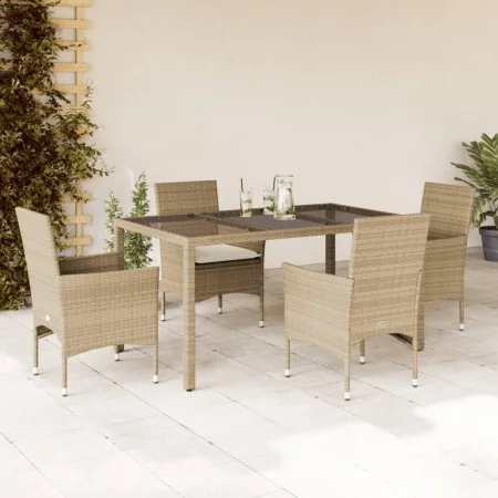Set comedor jardín 5 pzas cojines ratán sintético vidrio beige by vidaXL, Garden sets - Ref: Foro24-3278569, Price: 417,44 €,...