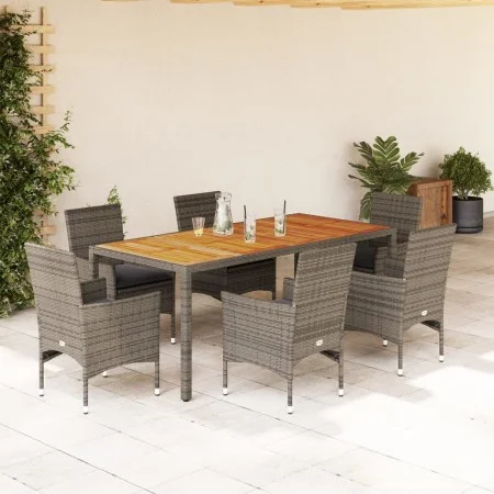Garten-Essgruppe, 7-teilig, mit Kissen, aus grauem PE-Rattan und Akazienholz. von vidaXL, Gartensets - Ref: Foro24-3278679, P...