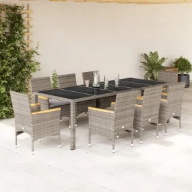 Set comedor jardín 9 pzas y cojines ratán sintético vidrio gris by vidaXL, Garden sets - Ref: Foro24-3278735, Price: 774,38 €...