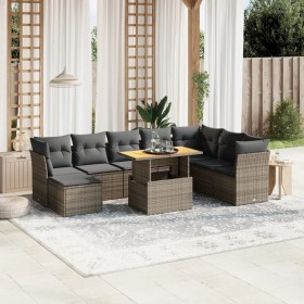 Set de muebles de jardín 9 pzas y cojines ratán sintético gris