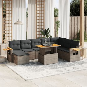 Set de muebles de jardín 9 pzas y cojines ratán sintético gris