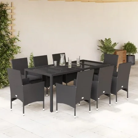 Garten-Essgruppe, 9-teilig, mit synthetischem Rattan, schwarzen Kissen und Glasplatte. von vidaXL, Gartensets - Ref: Foro24-3...