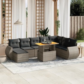 Set de muebles de jardín 9 pzas y cojines ratán sintético gris