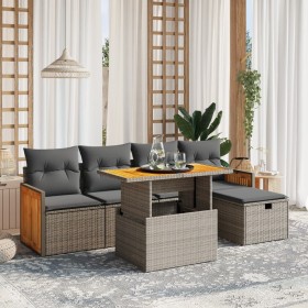 Set de muebles de jardín 6 pzas y cojines ratán sintético gris