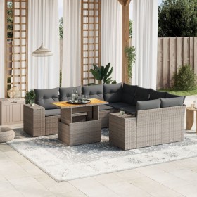 Set de muebles de jardín 9 pzas y cojines ratán sintético gris