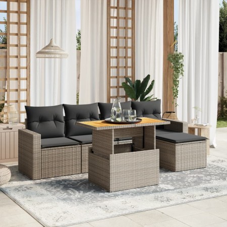 Set de muebles de jardín 6 pzas y cojines ratán sintético gris