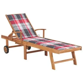 Sun lounger with red checkered cushion solid teak wood by vidaXL, Loungers - Ref: Foro24-3063019, Price: 292,54 €, Discount: %