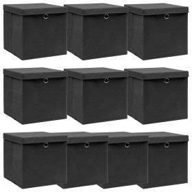 Cajas de almacenaje con tapas 10 uds tela negro 32x32x32 cm