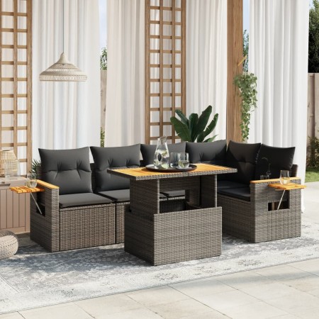 Set de muebles de jardín 6 pzas y cojines ratán sintético gris