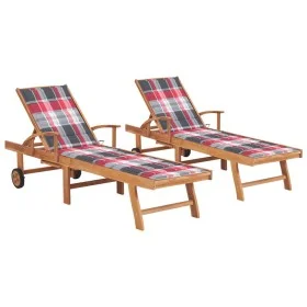 Sun loungers 2 pcs solid teak wood with red checkered cushion by vidaXL, Loungers - Ref: Foro24-3073199, Price: 588,51 €, Dis...