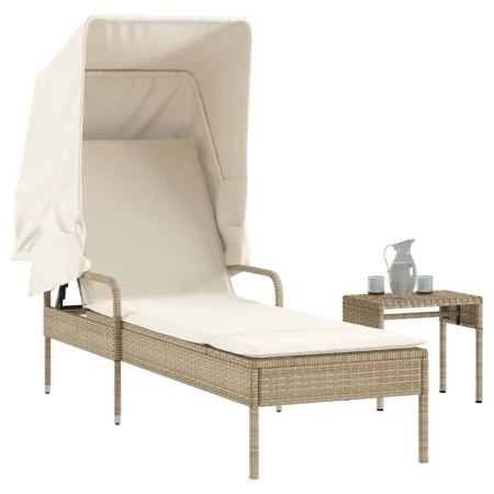 Lounger with hood and beige synthetic rattan table by vidaXL, Loungers - Ref: Foro24-368201, Price: 207,84 €, Discount: %
