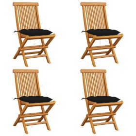 Sillas de jardín 4 uds madera maciza de teca con cojines negros by vidaXL, Garden chairs - Ref: Foro24-3062590, Price: 260,65...