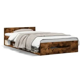 Smoked oak engineered wood bed with drawer 100x200 cm by vidaXL, Beds and slatted bases - Ref: Foro24-3280794, Price: 132,48 ...
