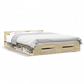Sonoma oak engineered wood bed with drawers 135x190 cm by vidaXL, Beds and slatted bases - Ref: Foro24-3280771, Price: 149,85...
