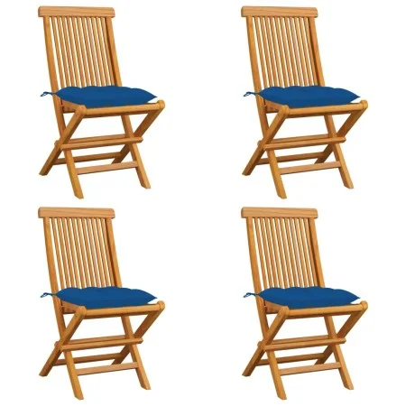 Sillas de jardín 4 uds madera maciza de teca con cojines azules de vidaXL, Sillas de jardín - Ref: Foro24-3062593, Precio: 24...