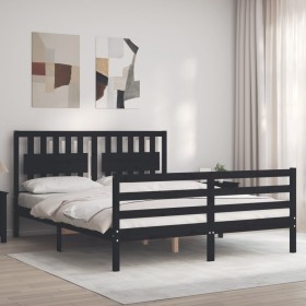 Estructura cama de matrimonio con cabecero madera maciza negro