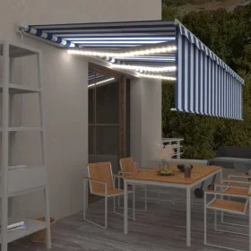 Manual retractable awning with blind and blue and white LED 6x3 m by vidaXL, Awnings - Ref: Foro24-3069361, Price: 542,90 €, ...