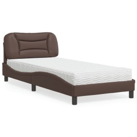 Cama con colchón cuero sintético marrón 90x190 cm