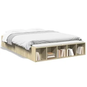 Sonoma oak engineered wood bed frame 135x190 cm by vidaXL, Beds and slatted bases - Ref: Foro24-3280589, Price: 128,66 €, Dis...