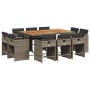 Set de comedor de jardín 11 pzas y cojines ratán sintético gris