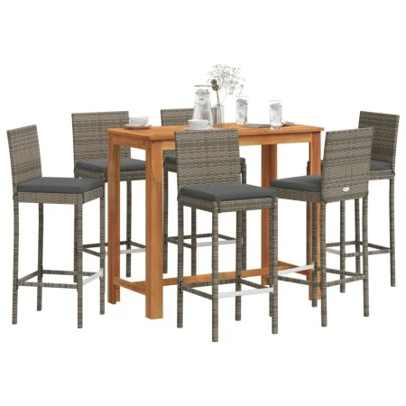 Mesa y taburetes de jardín 7 pzas madera acacia ratán PE gris de vidaXL, Conjuntos de jardín - Ref: Foro24-3295281, Precio: 6...