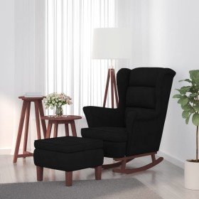 Mecedora con respaldo alto de terciopelo negro y madera maciza Sillón mecedora patas madera y taburete terciopelo negro