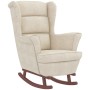 Sillón mecedora patas madera y taburete terciopelo color crema